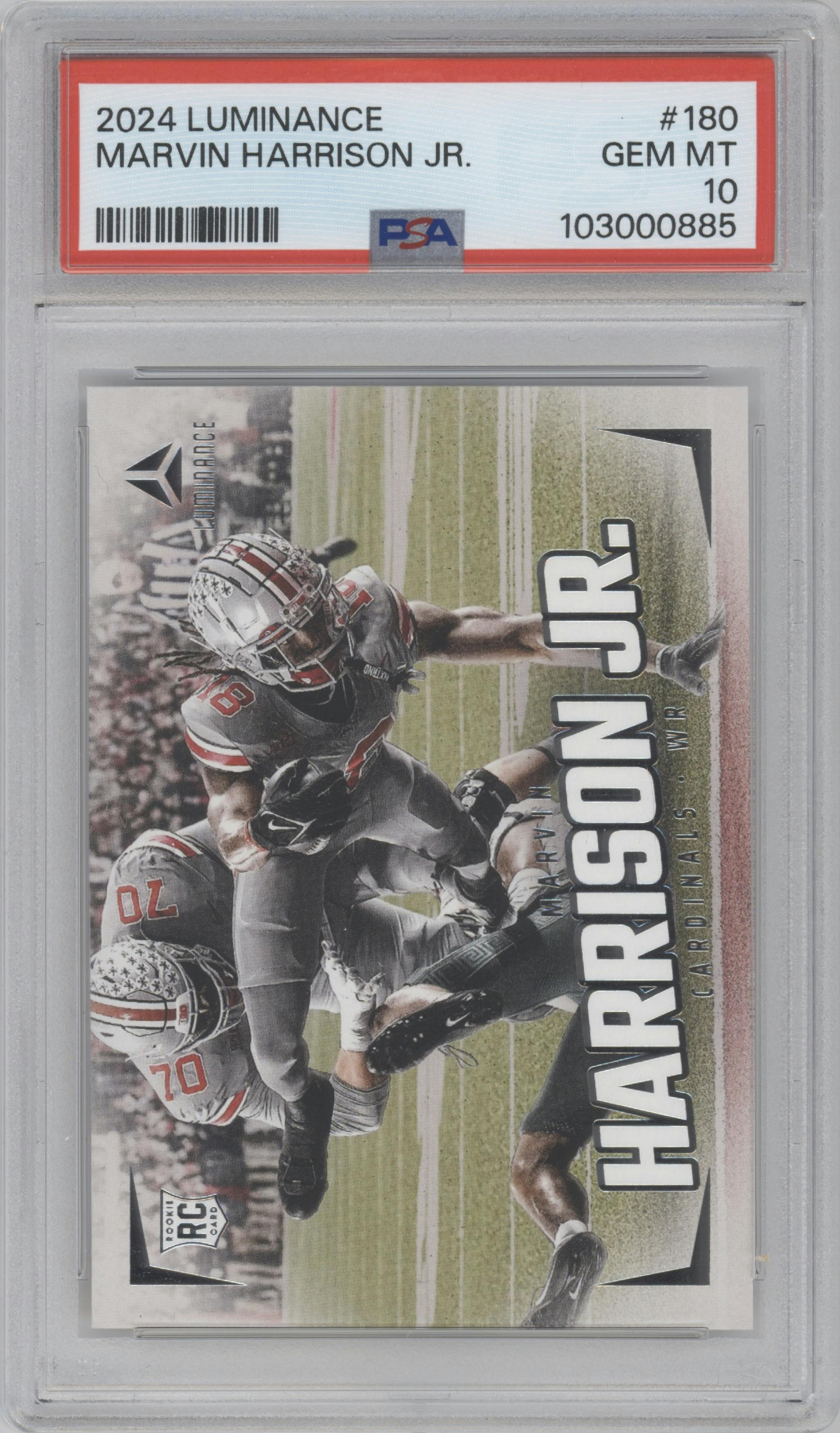 Marvin Harrison Jr. from the 2024 Panini Luminance set graded by PSA and given an overall grade of 10.