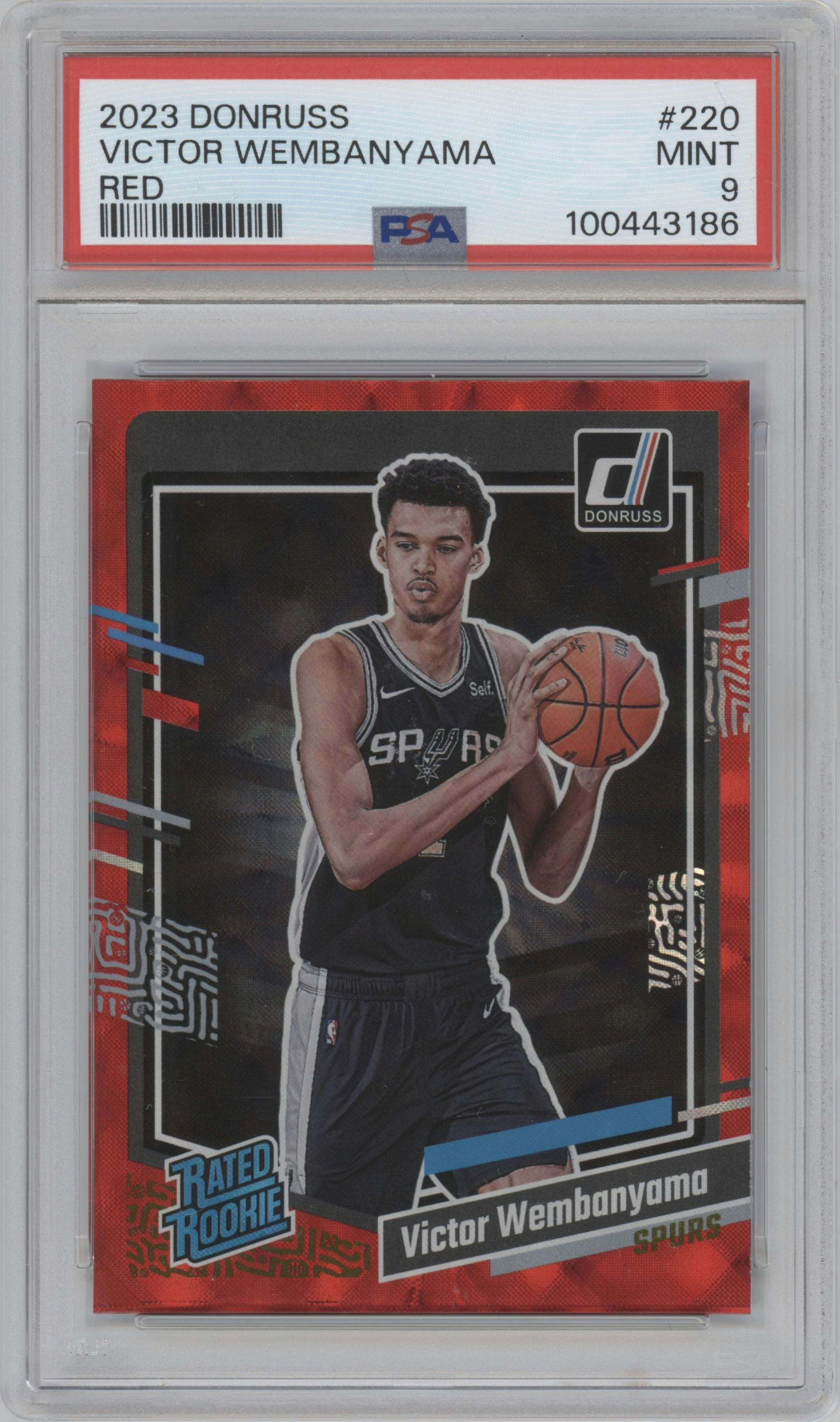 Victor Wembanyama from the 2023-24 Panini Donruss set featuring a Red parallel graded by PSA and given an overall grade of 9.
