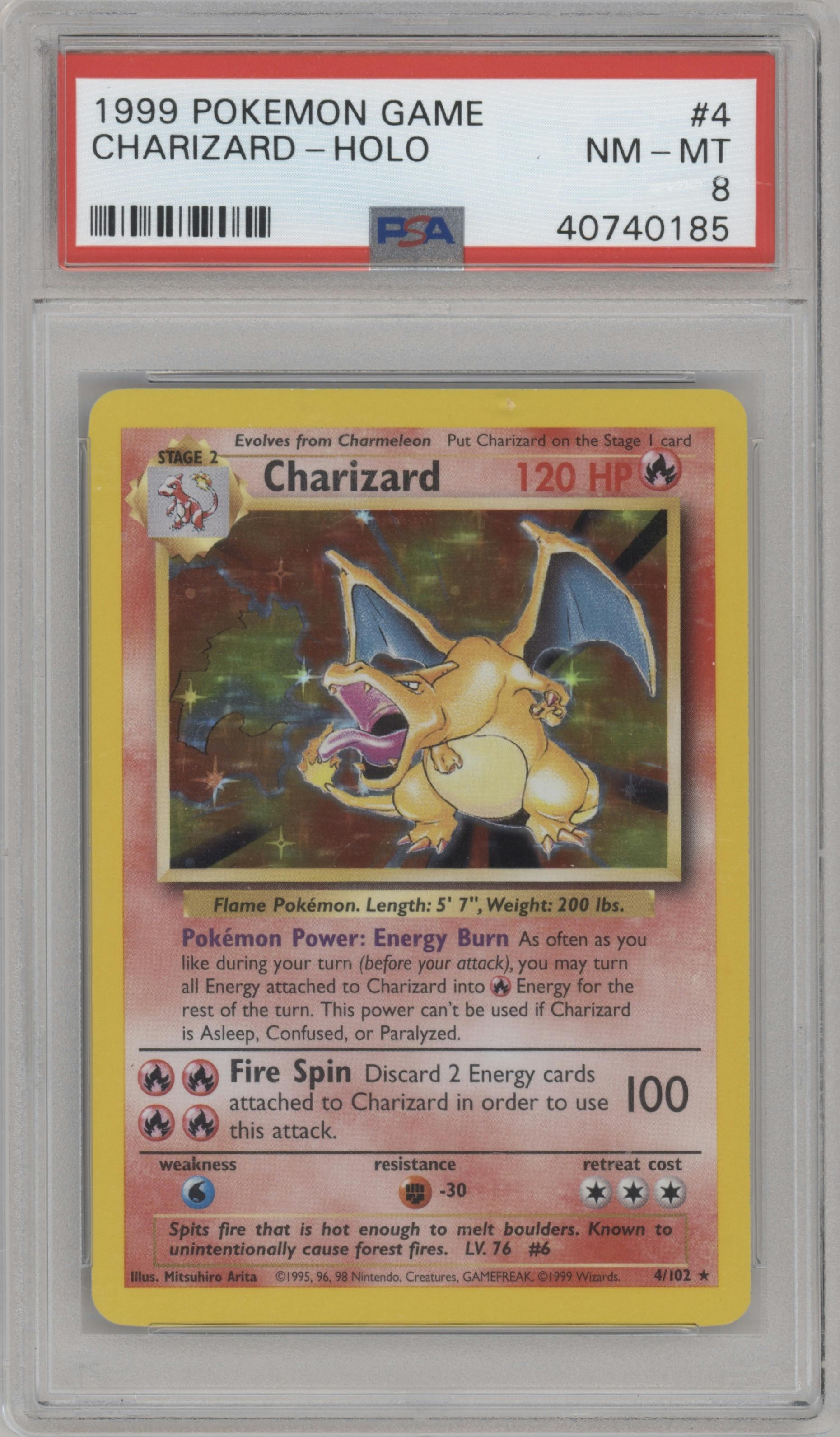 Charizard from the 1999 Pokemon set graded by PSA and given an overall grade of 8.
