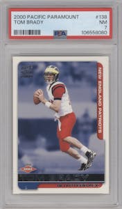Tom Brady from the 2000 Pacific Paramount set graded by PSA and given an overall grade of 7.