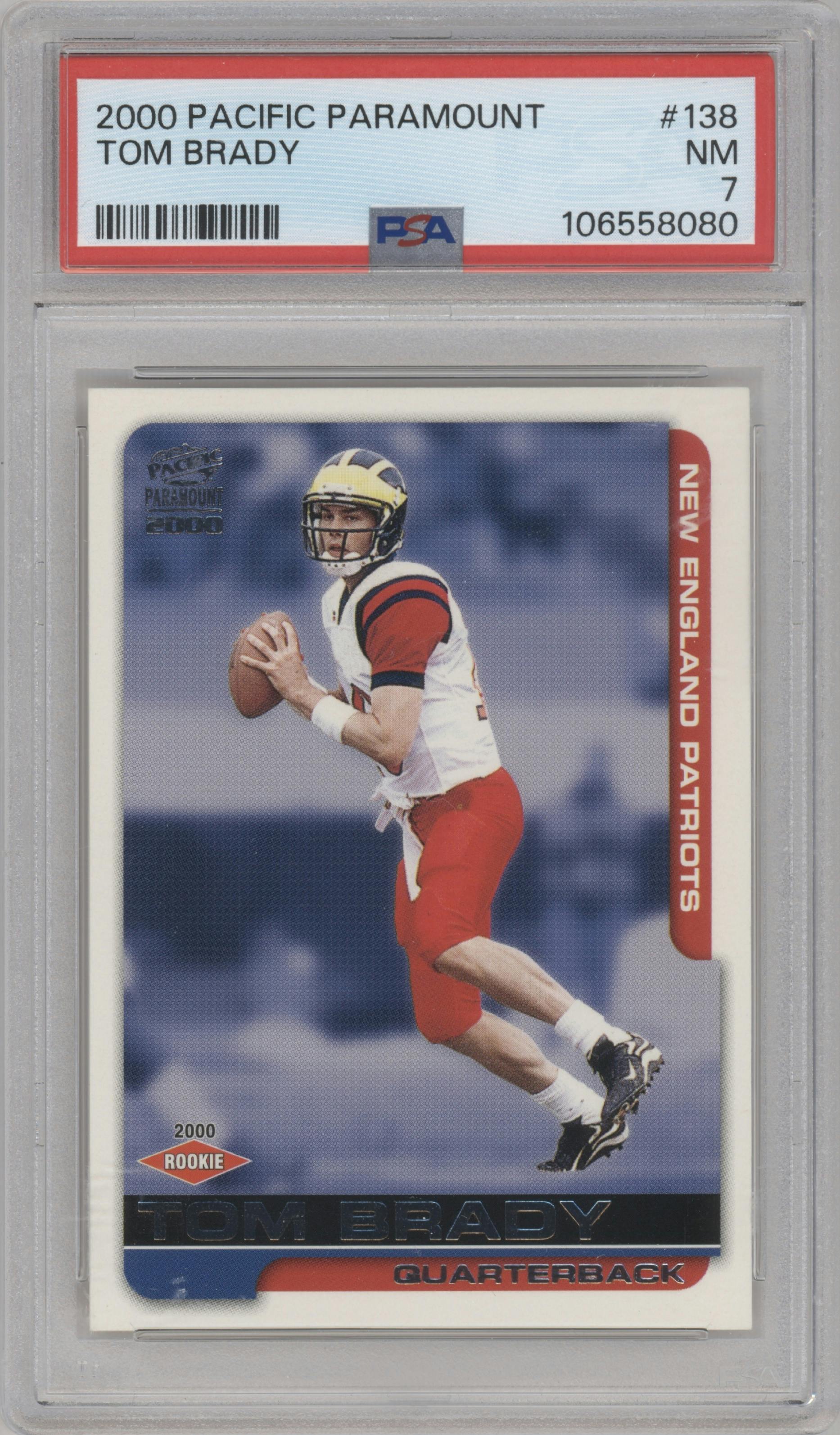Tom Brady from the 2000 Pacific Paramount set graded by PSA and given an overall grade of 7.
