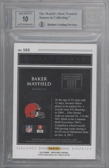 Baker Mayfield from the 2018 Panini Impeccable set featuring a Helmet/Glove parallel graded by Beckett and given an overall grade of 8.5.