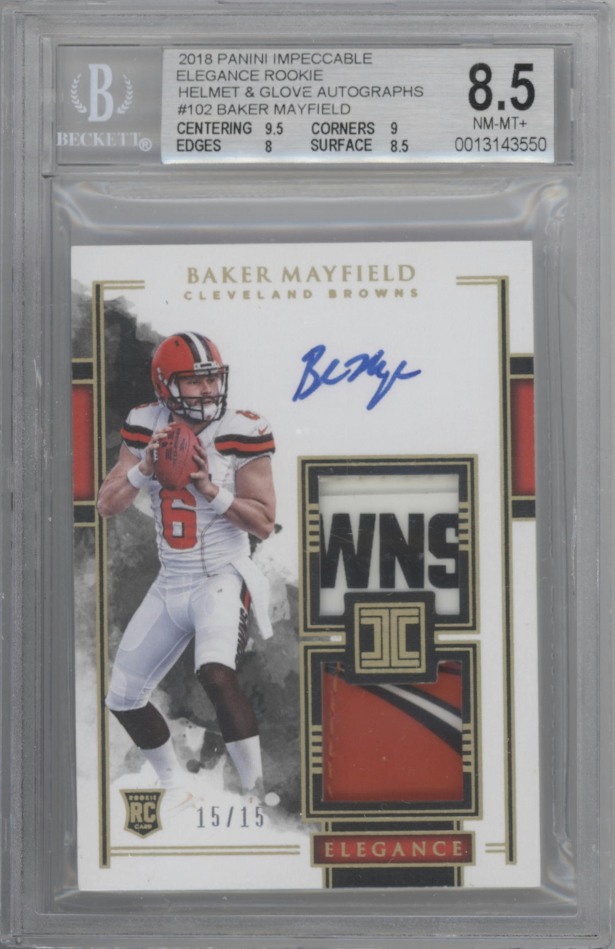 Baker Mayfield from the 2018 Panini Impeccable set featuring a Helmet/Glove parallel graded by Beckett and given an overall grade of 8.5.