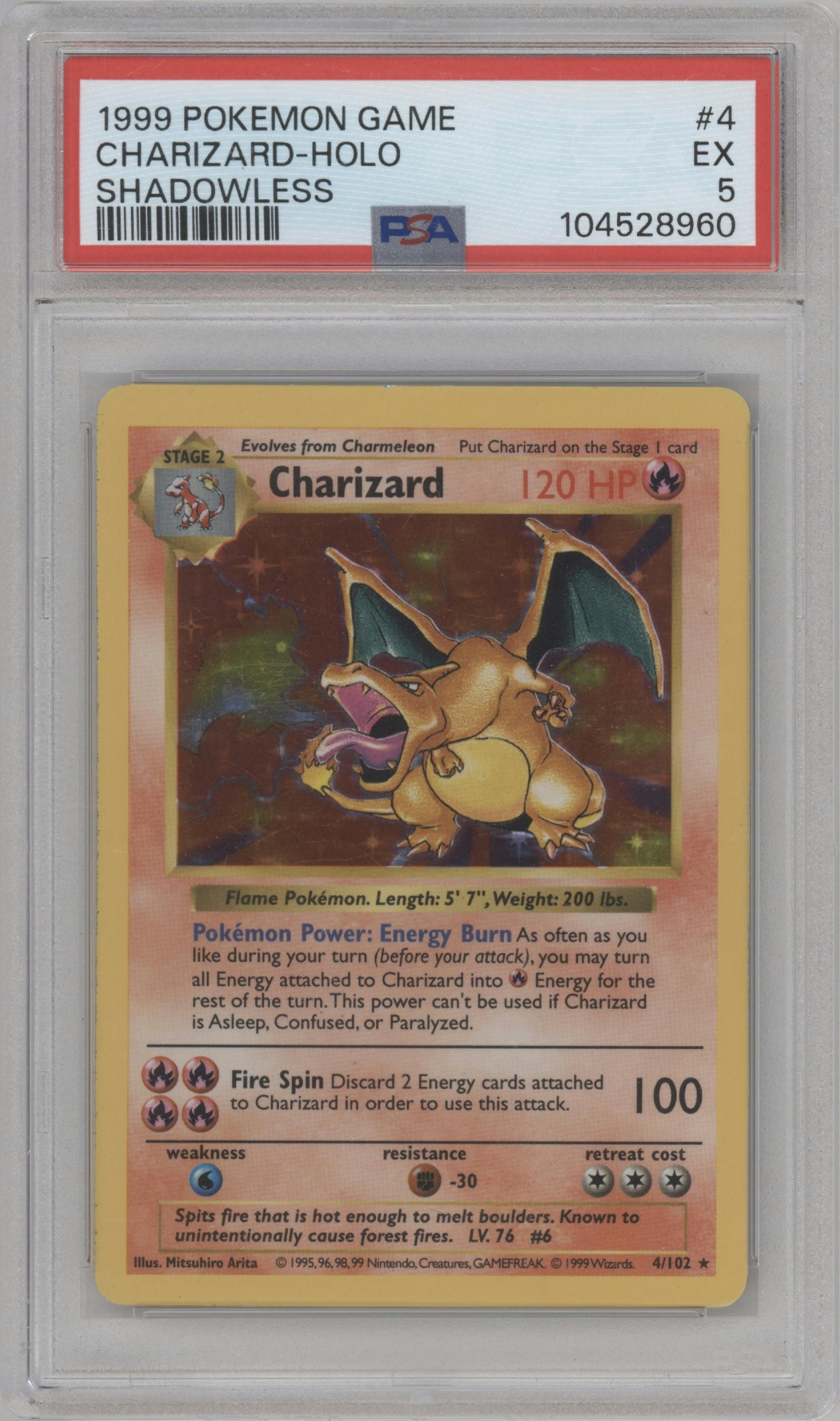 Charizard from the 1999 Pokemon set graded by PSA and given an overall grade of 5.