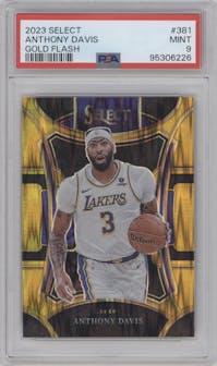 Anthony Davis from the 2023-24 Panini Select  set featuring a Gold Flash parallel graded by PSA and given an overall grade of 9.