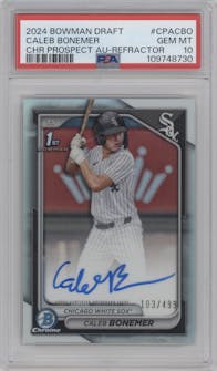 Caleb Bonemer  from the 2024 Bowman Draft set featuring a Refractor parallel graded by PSA and given an overall grade of 10.