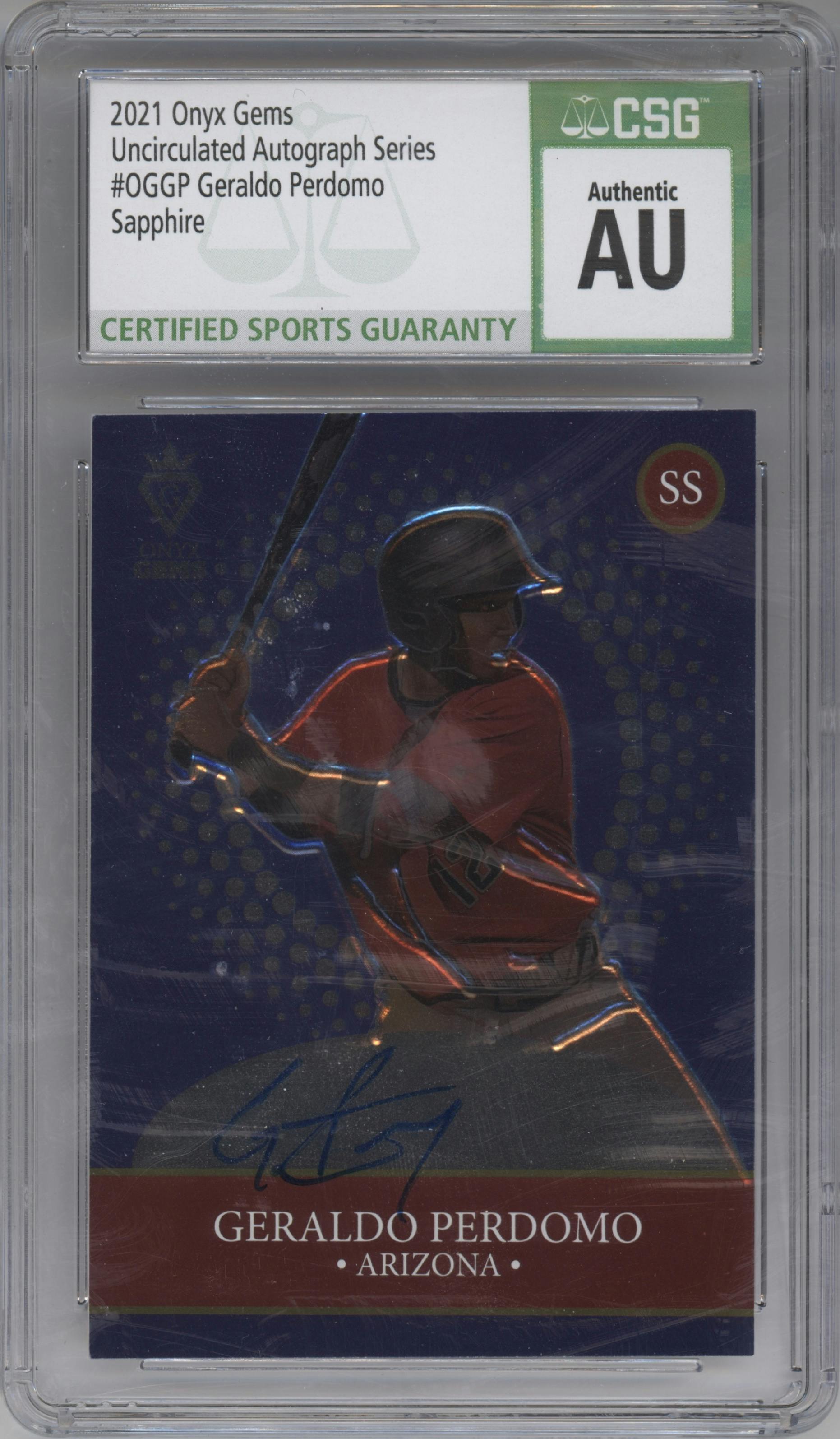 Gerald Perdomo from the 2021 Onyx Gems set featuring a Sapphire parallel graded by CSG.