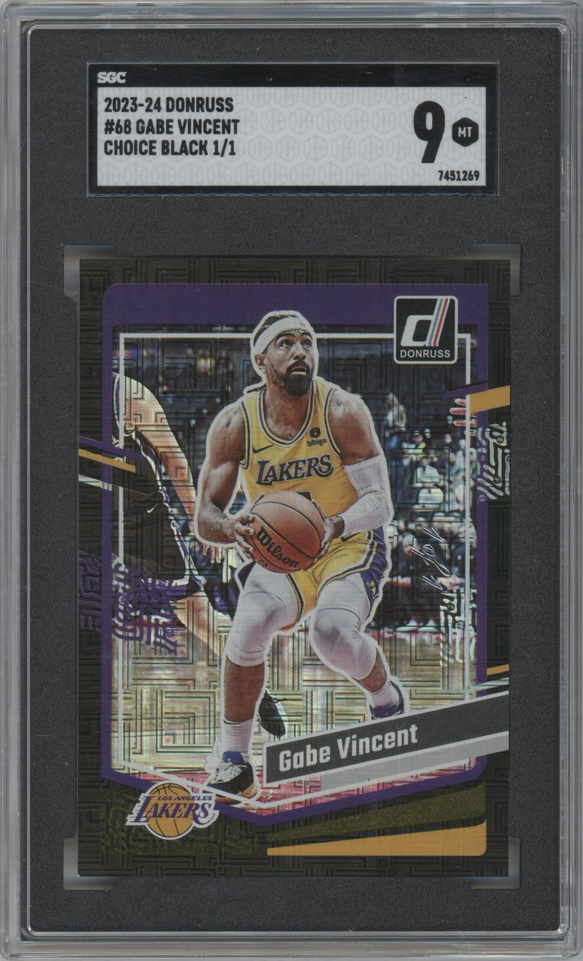 Gabe Vincent from the 2023-24 Panini Donruss set featuring a Choice Black parallel graded by SGC and given an overall grade of 9.