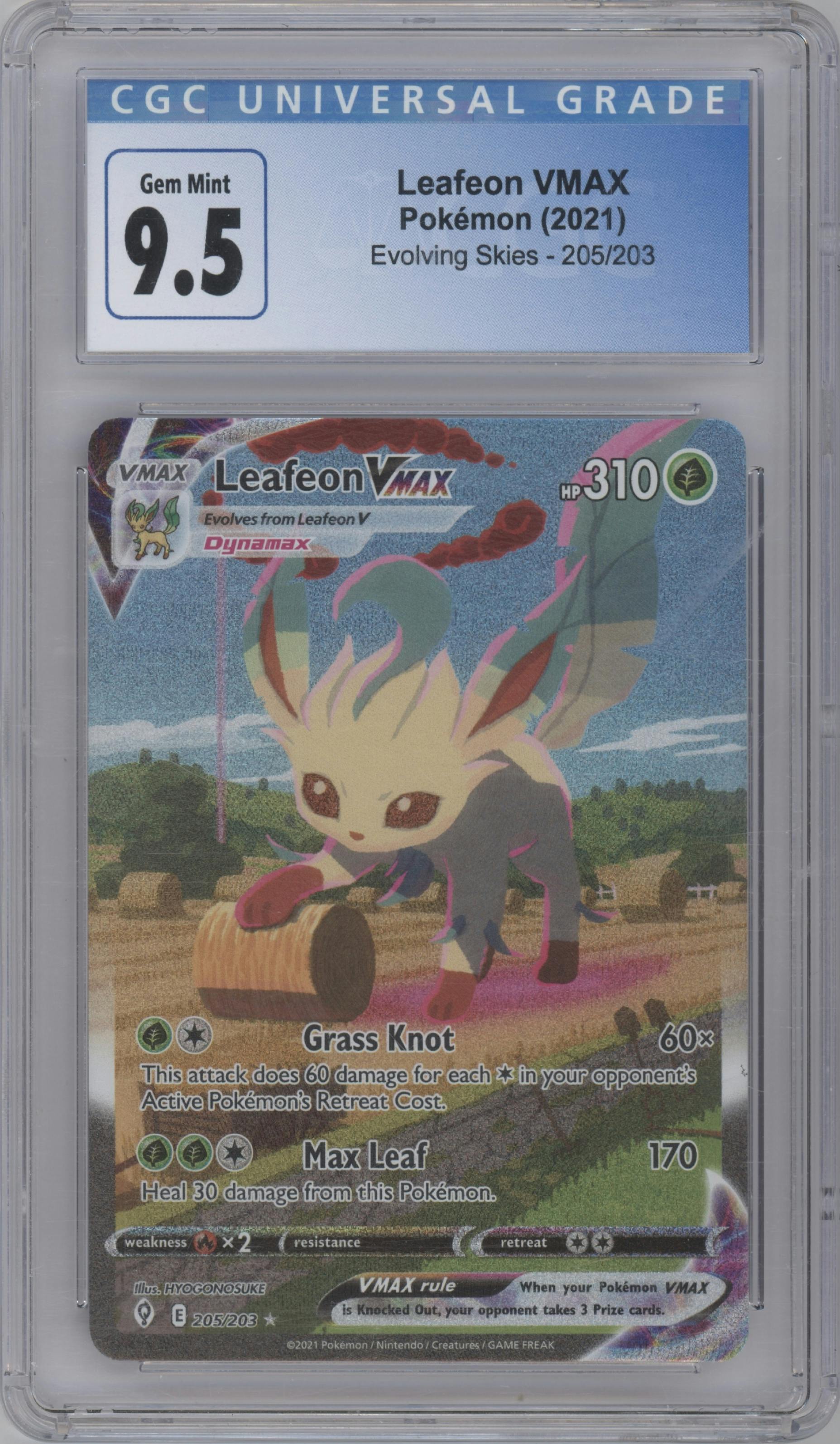Leafeon VMAX from the 2021 Pokemon SWSH set graded by CSG and given an overall grade of 9.5.