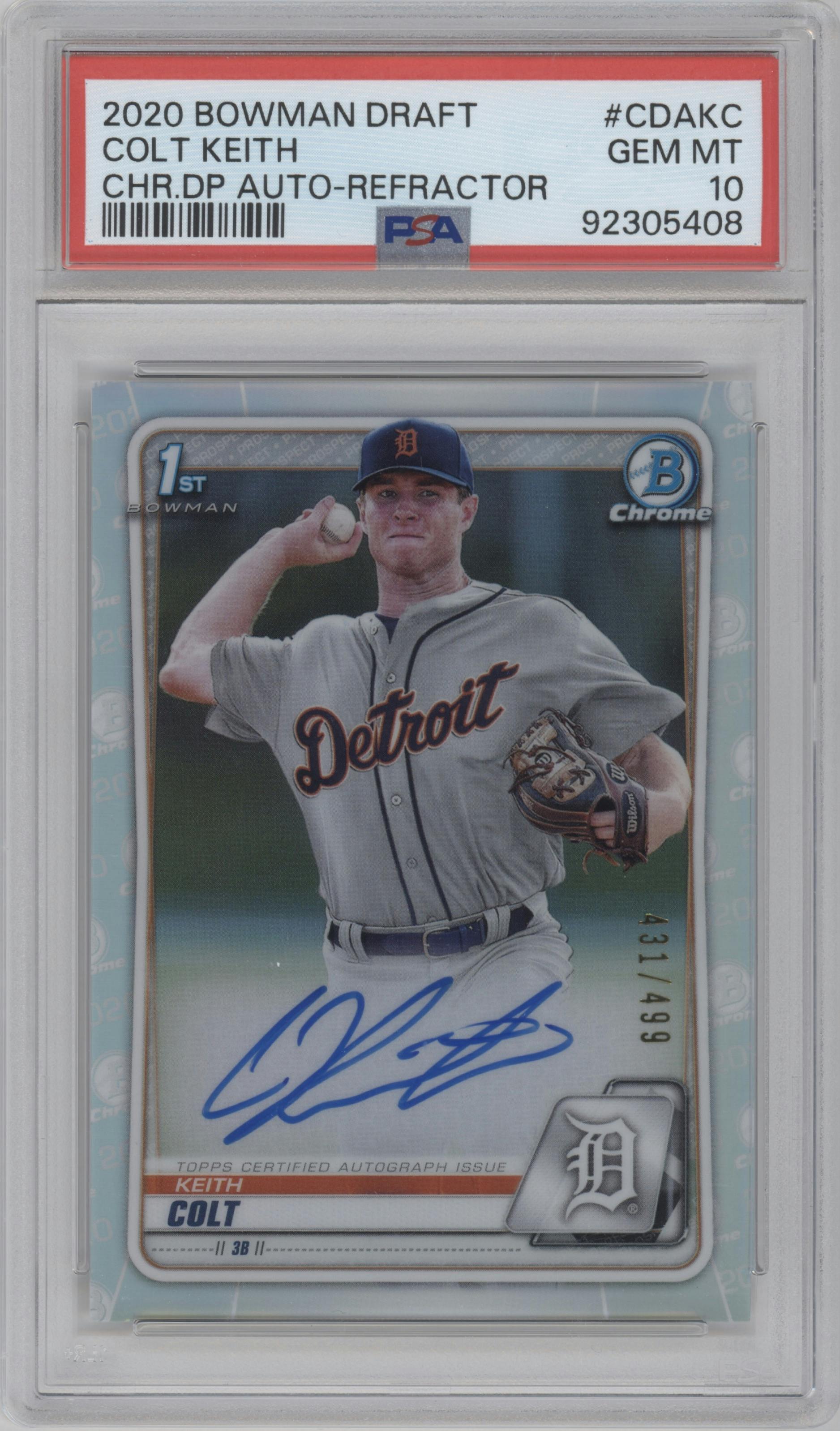 Keith Colt from the 2020 Bowman Draft set featuring a Refractor parallel graded by PSA and given an overall grade of 10.