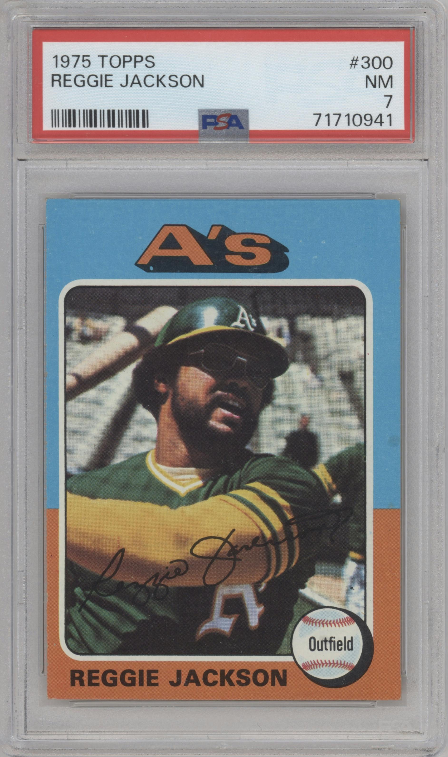 Reggie Jackson from the 1975 Topps set graded by PSA and given an overall grade of 7.