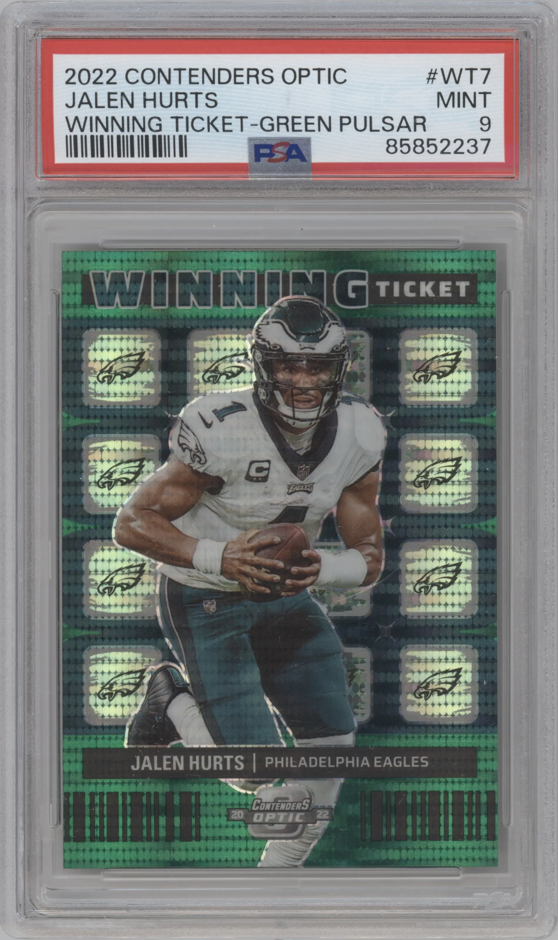 2022 Panini Contenders Optic Winning Ticket Jalen Hurts Green Pulsar #WT-7 PSA 9