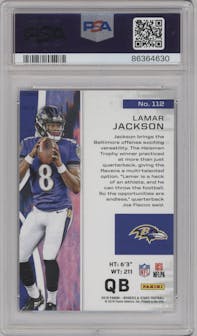 Lamar Jackson from the 2018 Panini Rookies & Stars set graded by PSA and given an overall grade of 9.