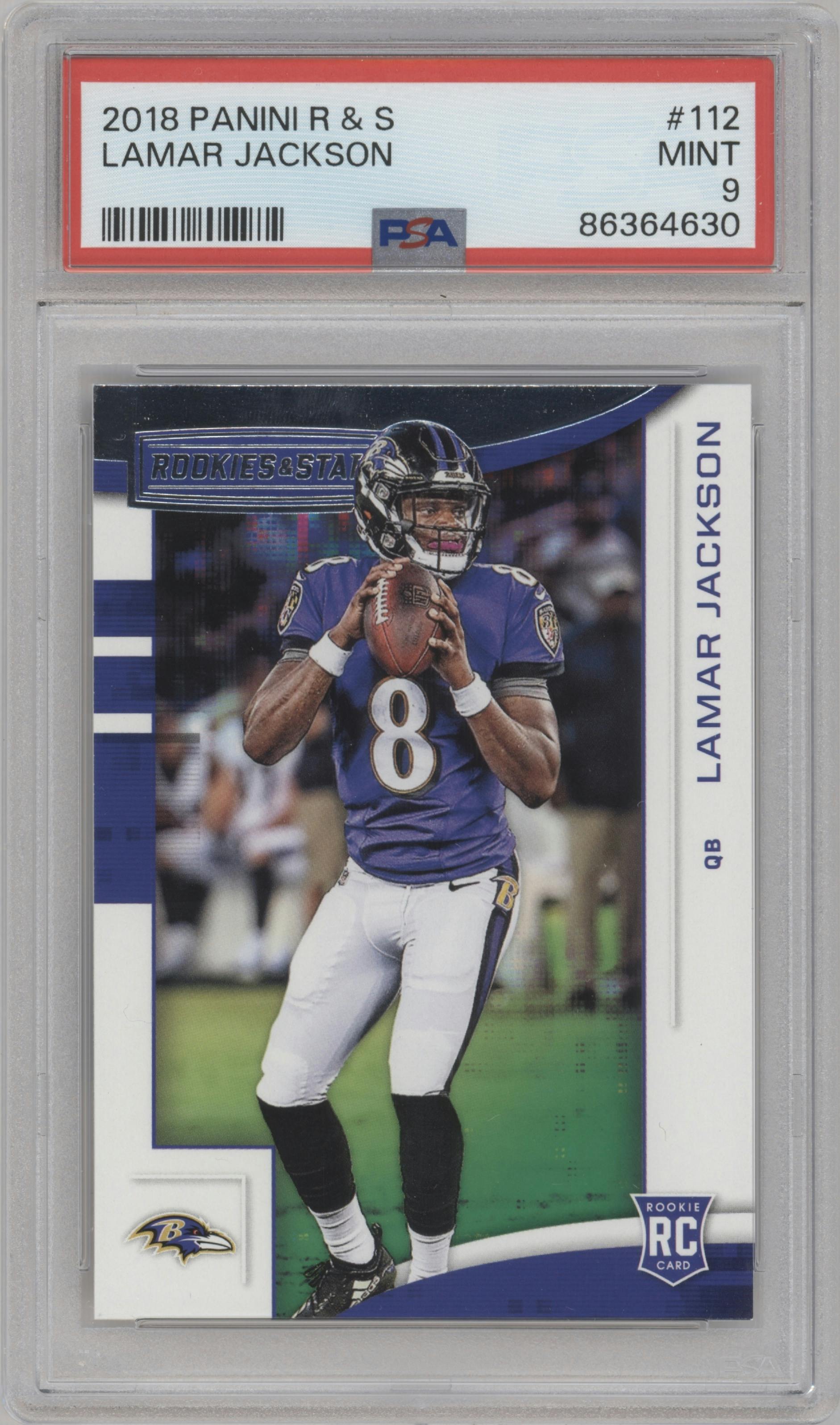 Lamar Jackson from the 2018 Panini Rookies & Stars set graded by PSA and given an overall grade of 9.