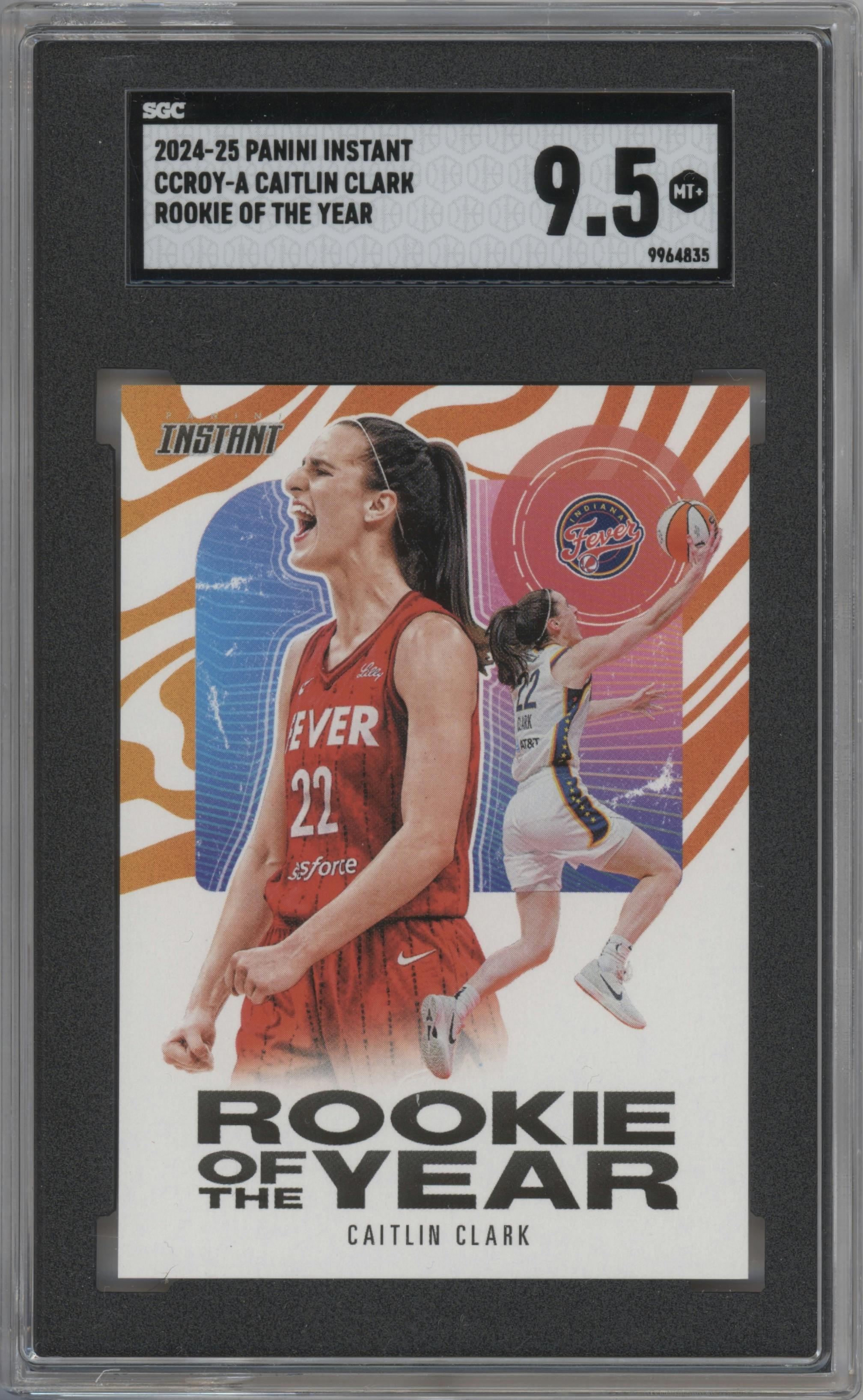 Caitlin Clark from the 2024-25 Panini Instant WNBA set graded by SGC and given an overall grade of 9.5.