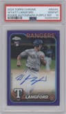 Wyatt Langford from the 2024 Topps Chrome set featuring a Purple Refractor parallel graded by PSA and given an overall grade of 10.
