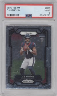 C.J. Stroud from the 2023 Panini Prizm set graded by PSA and given an overall grade of 9.