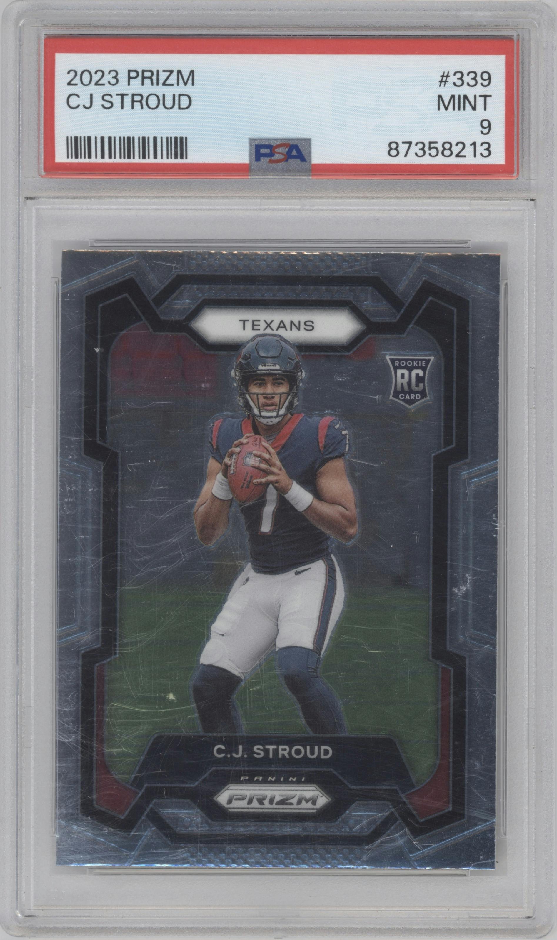 C.J. Stroud from the 2023 Panini Prizm set graded by PSA and given an overall grade of 9.