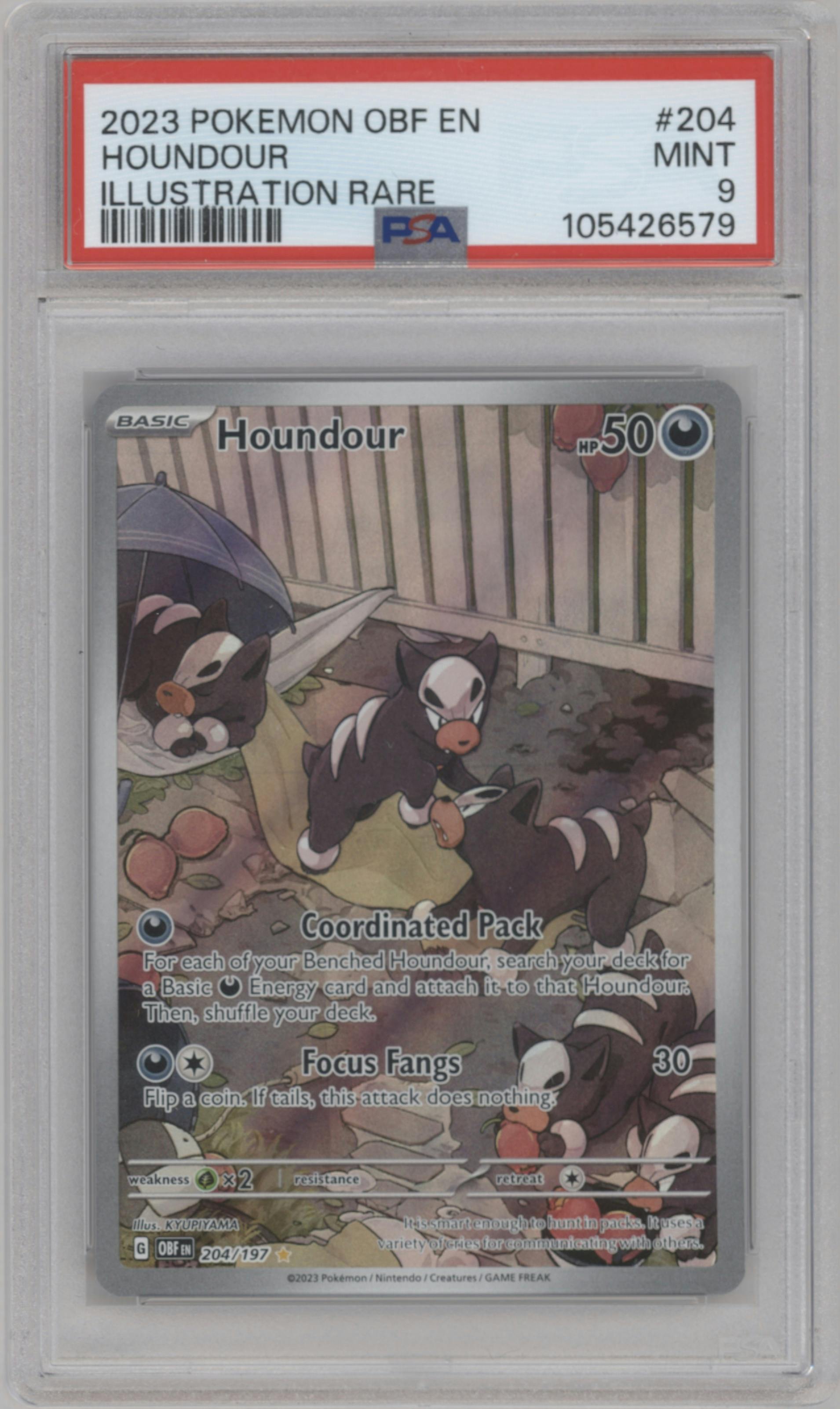 Houndour from the 2023 Pokemon SV set graded by PSA and given an overall grade of 9.