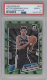 Victor Wembanyama from the 2023-24 Panini Donruss set featuring a Green Holo Laser  parallel graded by PSA and given an overall grade of 10.