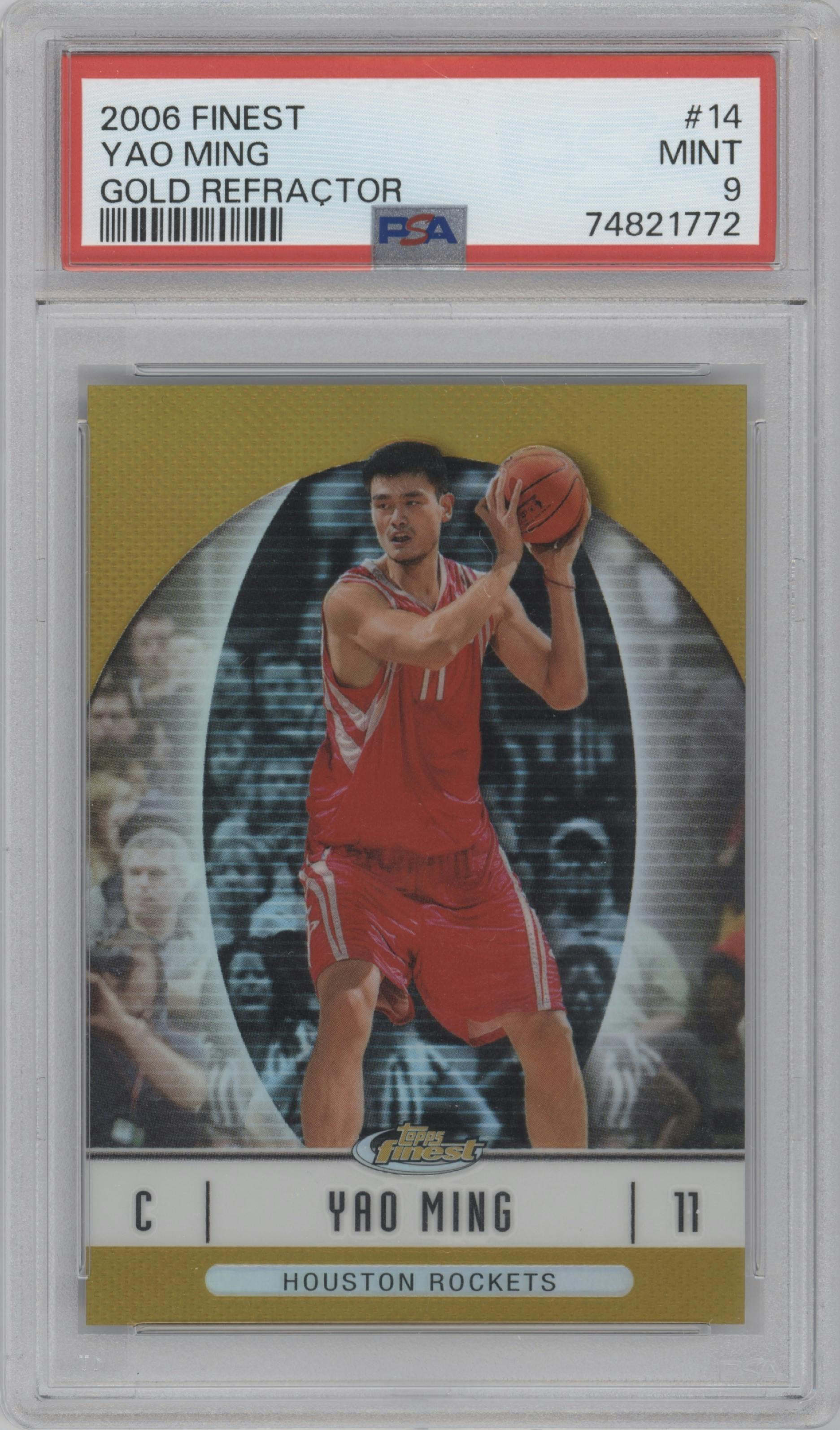 Yao Ming from the 2006-07 Topps Finest set featuring a Gold Refractor parallel graded by PSA and given an overall grade of 9.