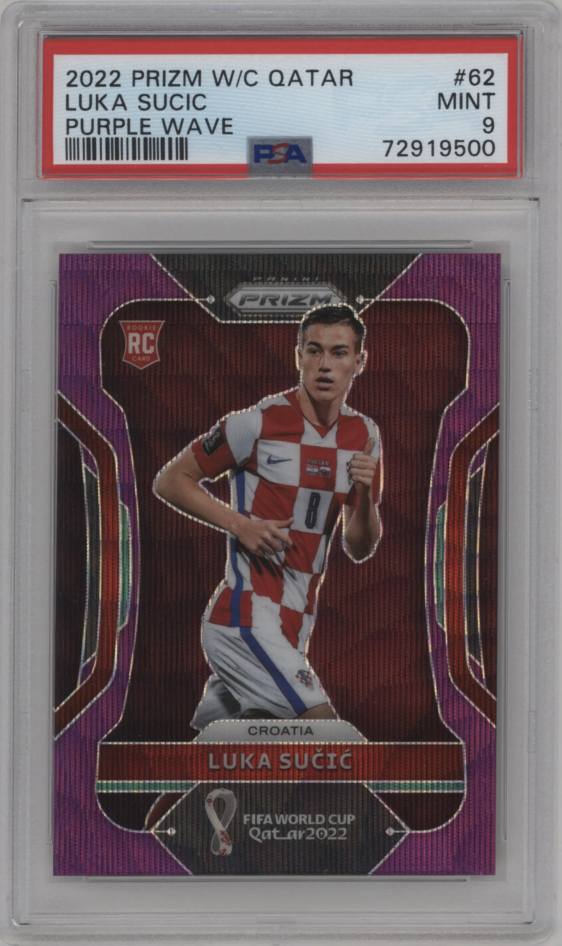 2022 Panini Prizm FIFA WC Qatar Luka Sucic Purple Wave #62 PSA 9