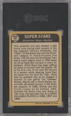 Harmon Killebrew/Willie Mays/Mickey Mantle from the 1968 Topps set graded by SGC and given an overall grade of 3.