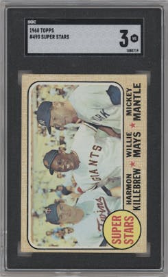 Harmon Killebrew/Willie Mays/Mickey Mantle from the 1968 Topps set graded by SGC and given an overall grade of 3.