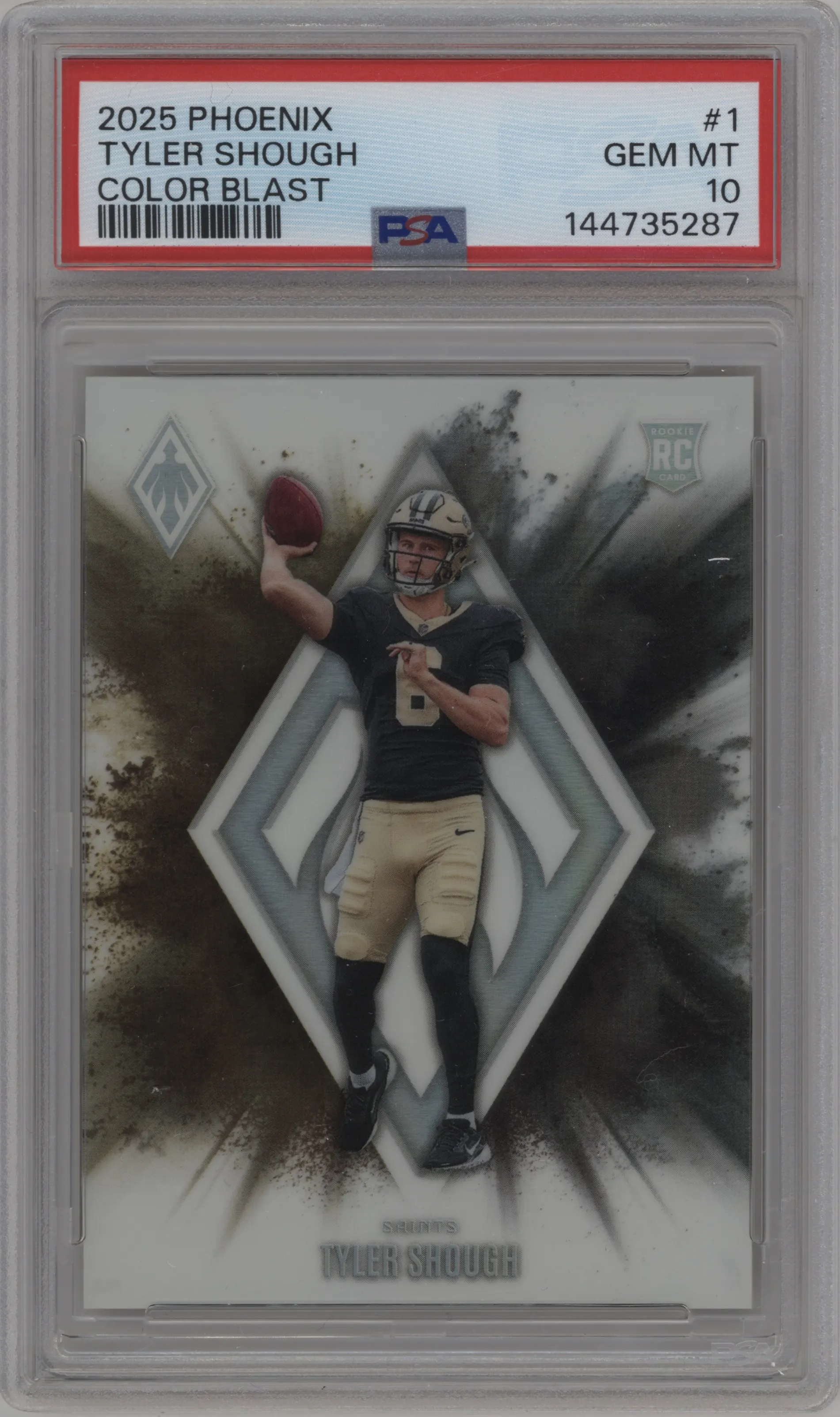 Tyler Shough from the 2025 Panini Phoenix set graded by PSA and given an overall grade of 10.