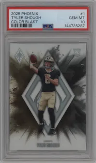 Tyler Shough from the 2025 Panini Phoenix set graded by PSA and given an overall grade of 10.