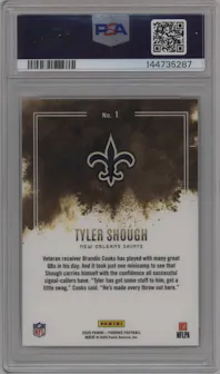 Tyler Shough from the 2025 Panini Phoenix set graded by PSA and given an overall grade of 10.