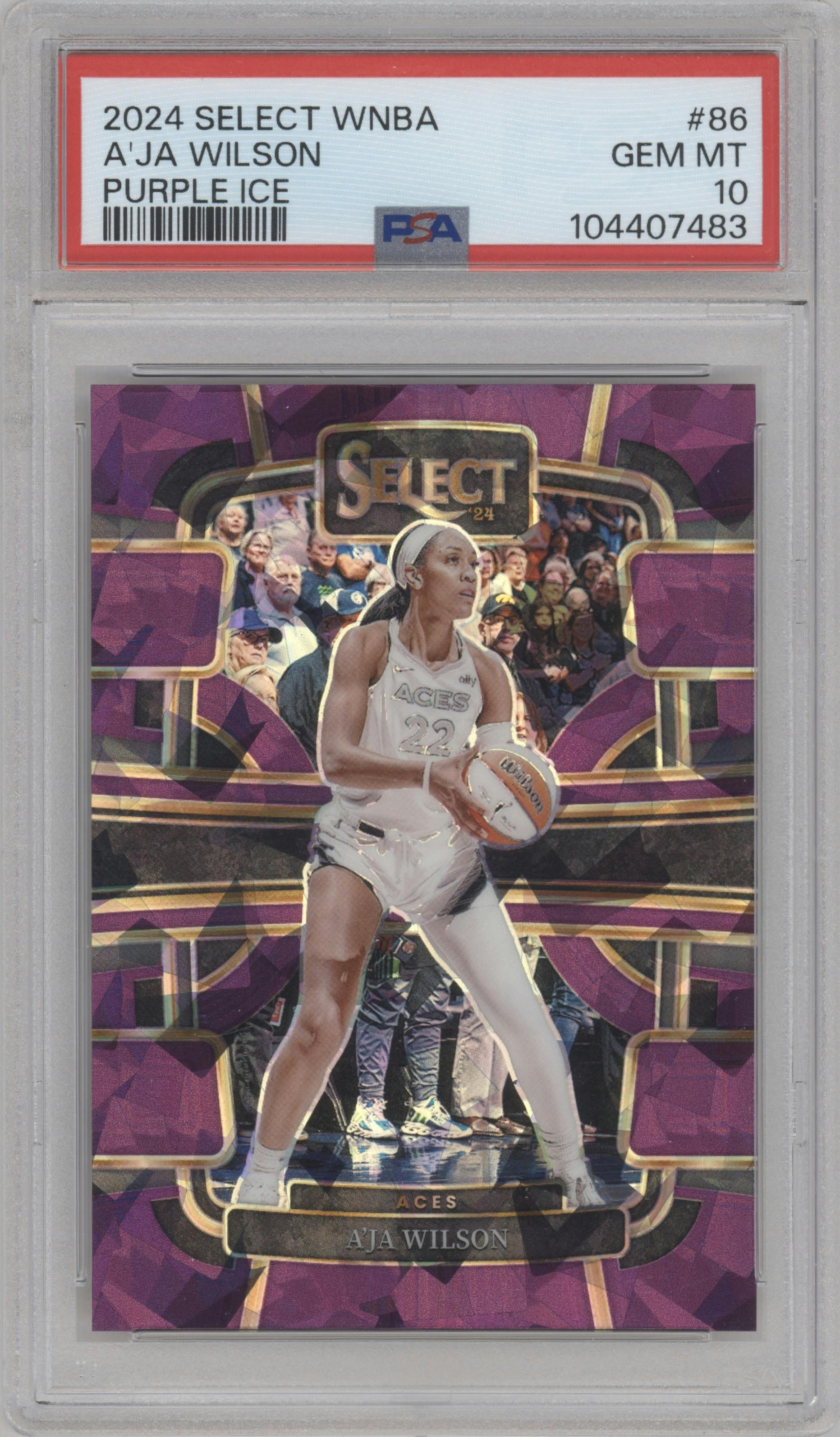 A’ja Wilson from the 2024 Panini Select WNBA set featuring a Purple Ice  parallel graded by PSA and given an overall grade of 10.