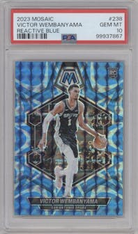Victor Wembanyama from the 2023-24 Panini Mosaic set featuring a Reactive Blue parallel graded by PSA and given an overall grade of 10.