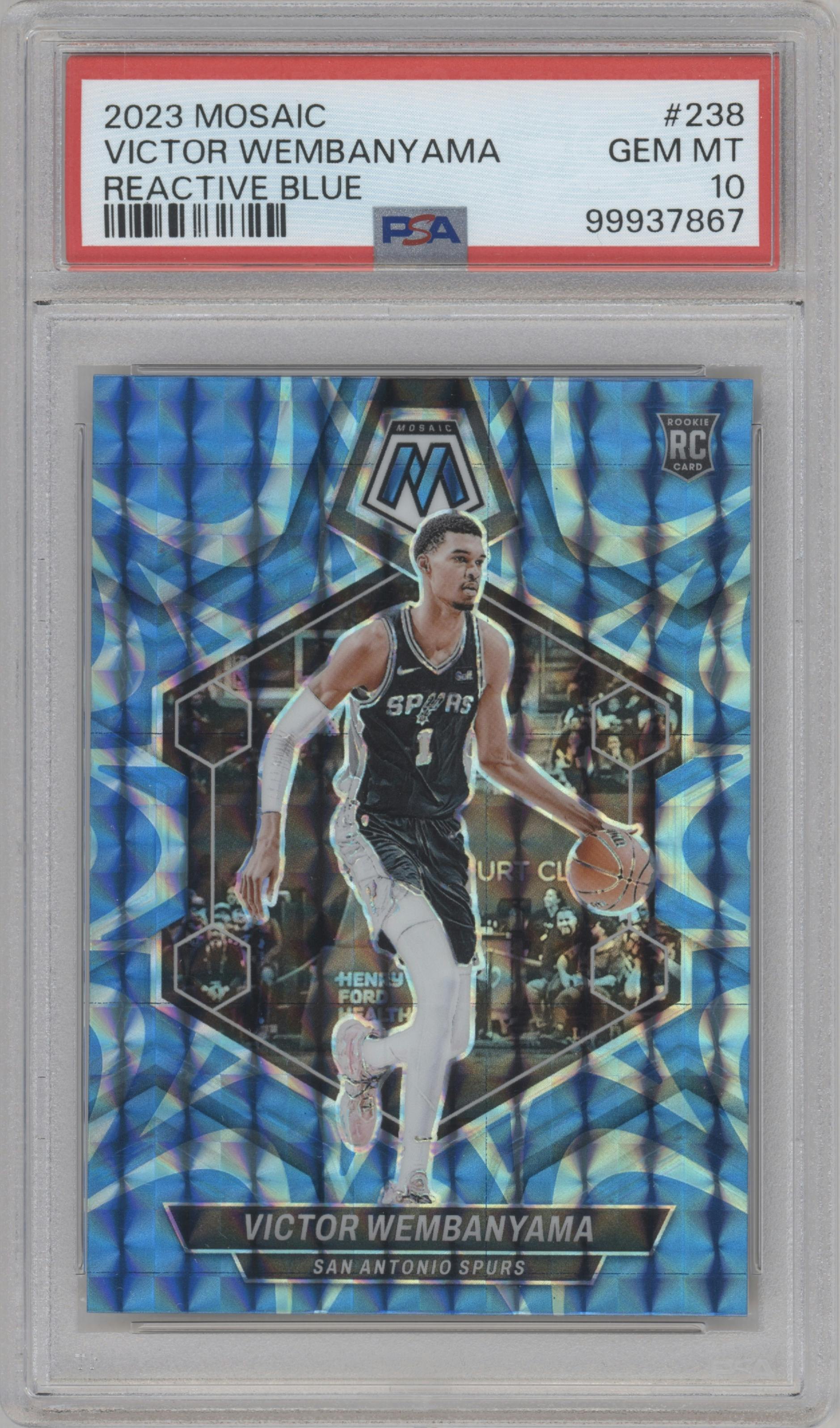 Victor Wembanyama from the 2023-24 Panini Mosaic set featuring a Reactive Blue parallel graded by PSA and given an overall grade of 10.
