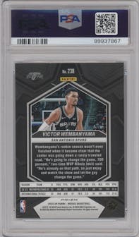 Victor Wembanyama from the 2023-24 Panini Mosaic set featuring a Reactive Blue parallel graded by PSA and given an overall grade of 10.