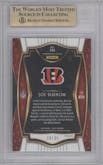 Joe Burrow from the 2020 Panini Select set featuring a White Prizm parallel graded by Beckett and given an overall grade of 9.5.
