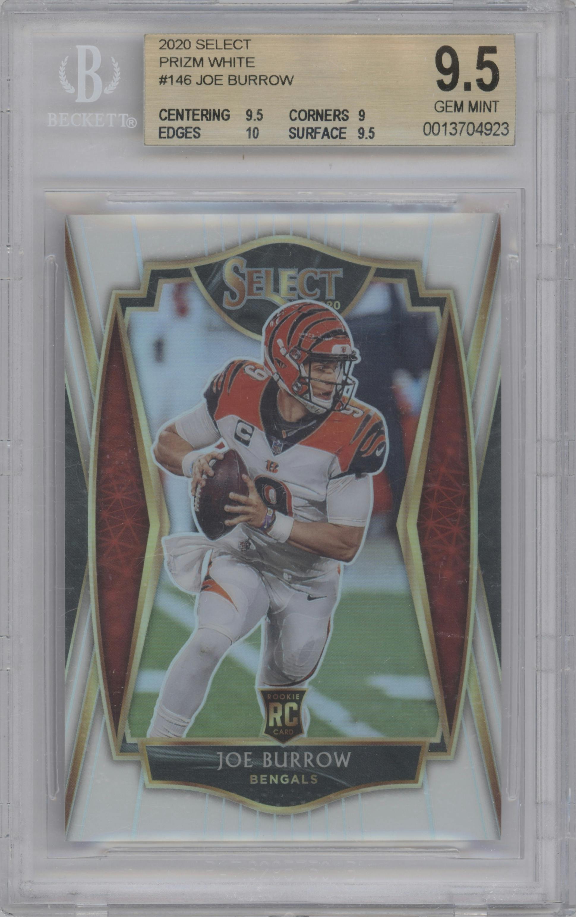 Joe Burrow from the 2020 Panini Select set featuring a White Prizm parallel graded by Beckett and given an overall grade of 9.5.