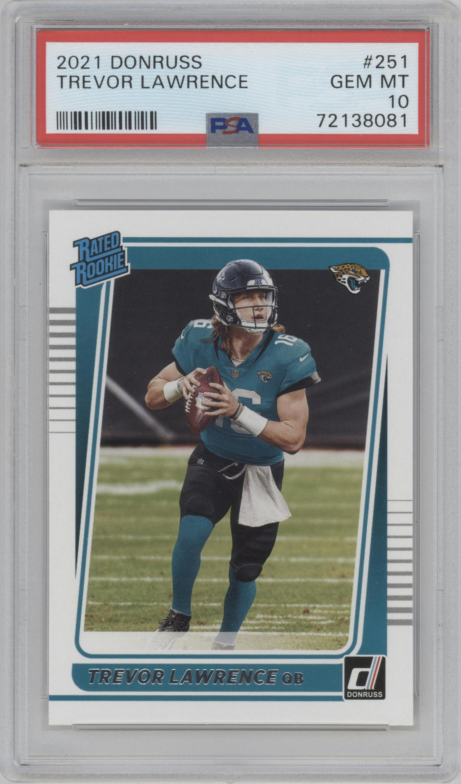 Trevor Lawrence from the 2021 Panini Donruss set graded by PSA and given an overall grade of 10.