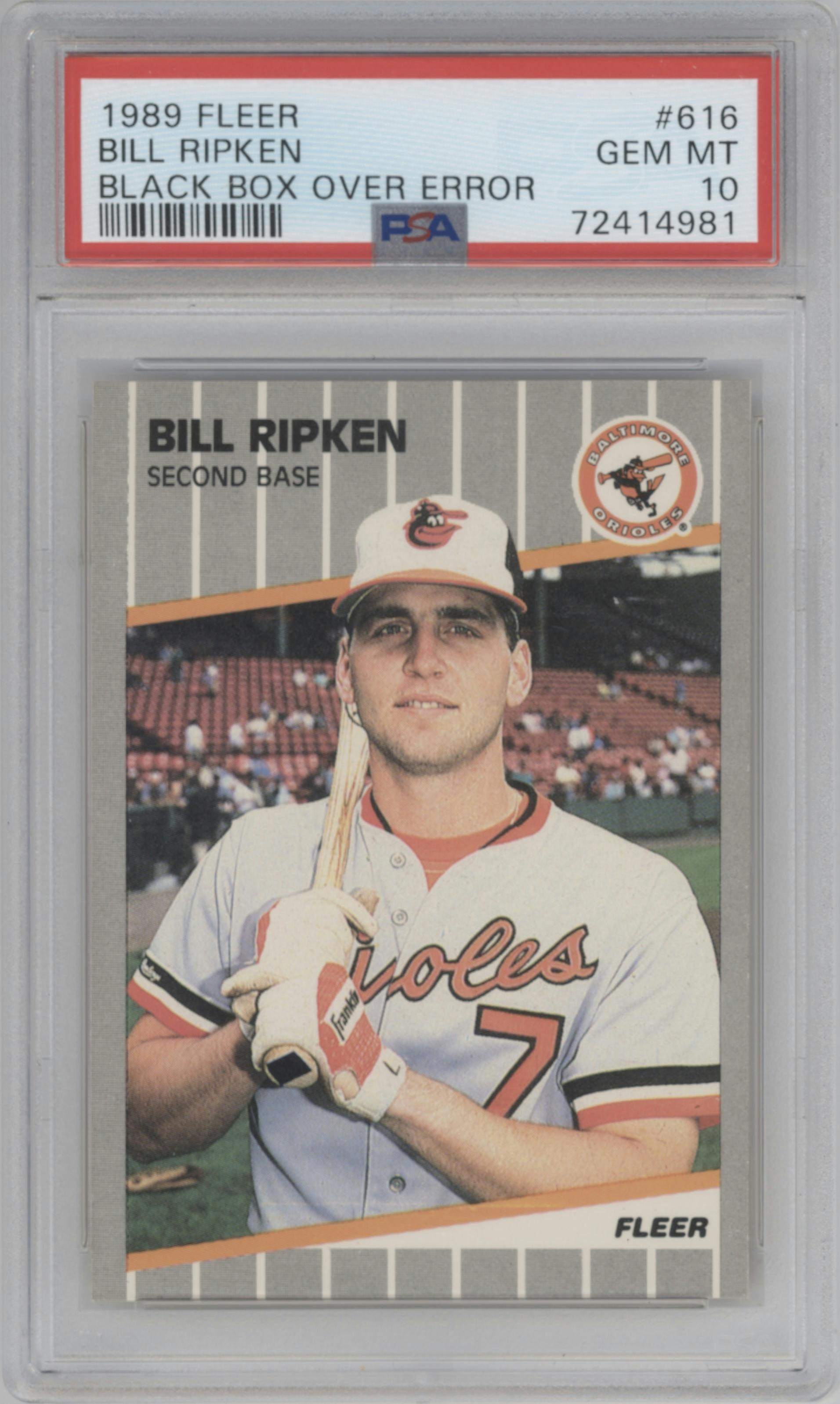 Bill Ripken from the 1989 Fleer set featuring a Black Box Error parallel graded by PSA and given an overall grade of 10.