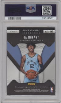 Ja Morant from the 2019-20 Panini Prizm set featuring a Blue Shimmer Prizm parallel graded by PSA and given an overall grade of 9.