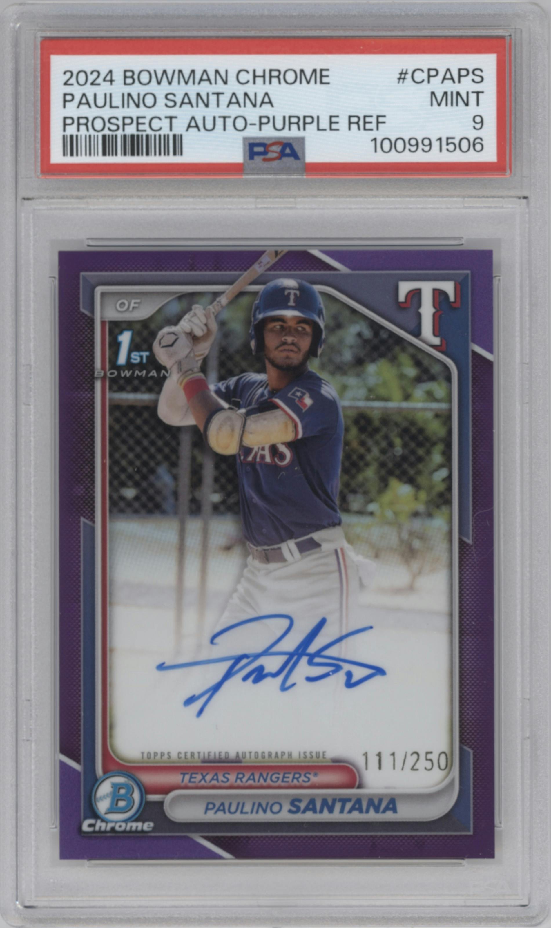 Paulino Santana from the 2024 Bowman Chrome set featuring a Purple Refractor parallel graded by PSA and given an overall grade of 9.