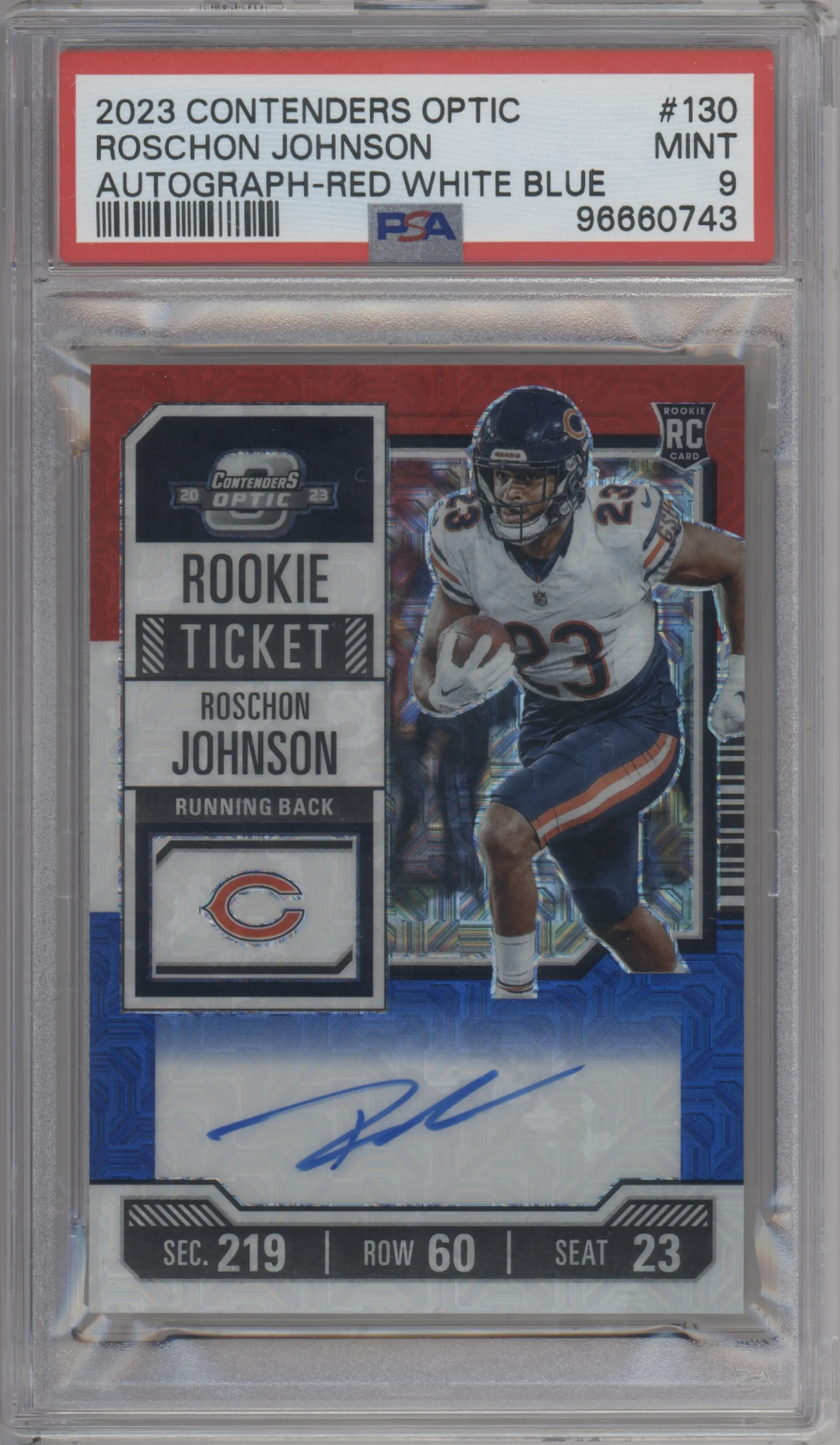2023 Panini Contenders Optic Rke.Tkt.RPS Auto Roschon Johnson Red, White and Blue #130 PSA 9