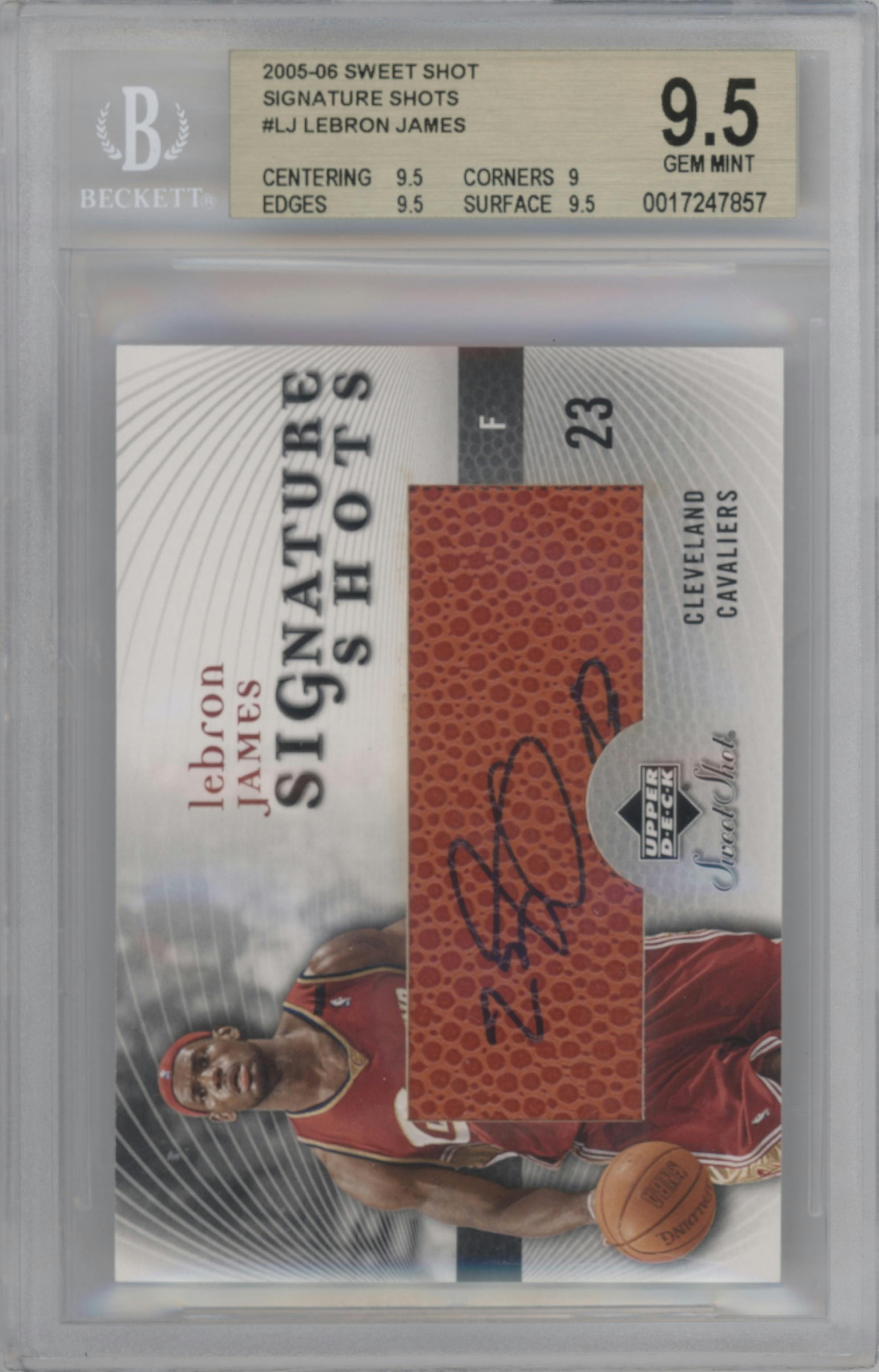 LeBron James from the 2005-06 Upper Deck Sweet Shot set graded by Beckett and given an overall grade of 9.5.