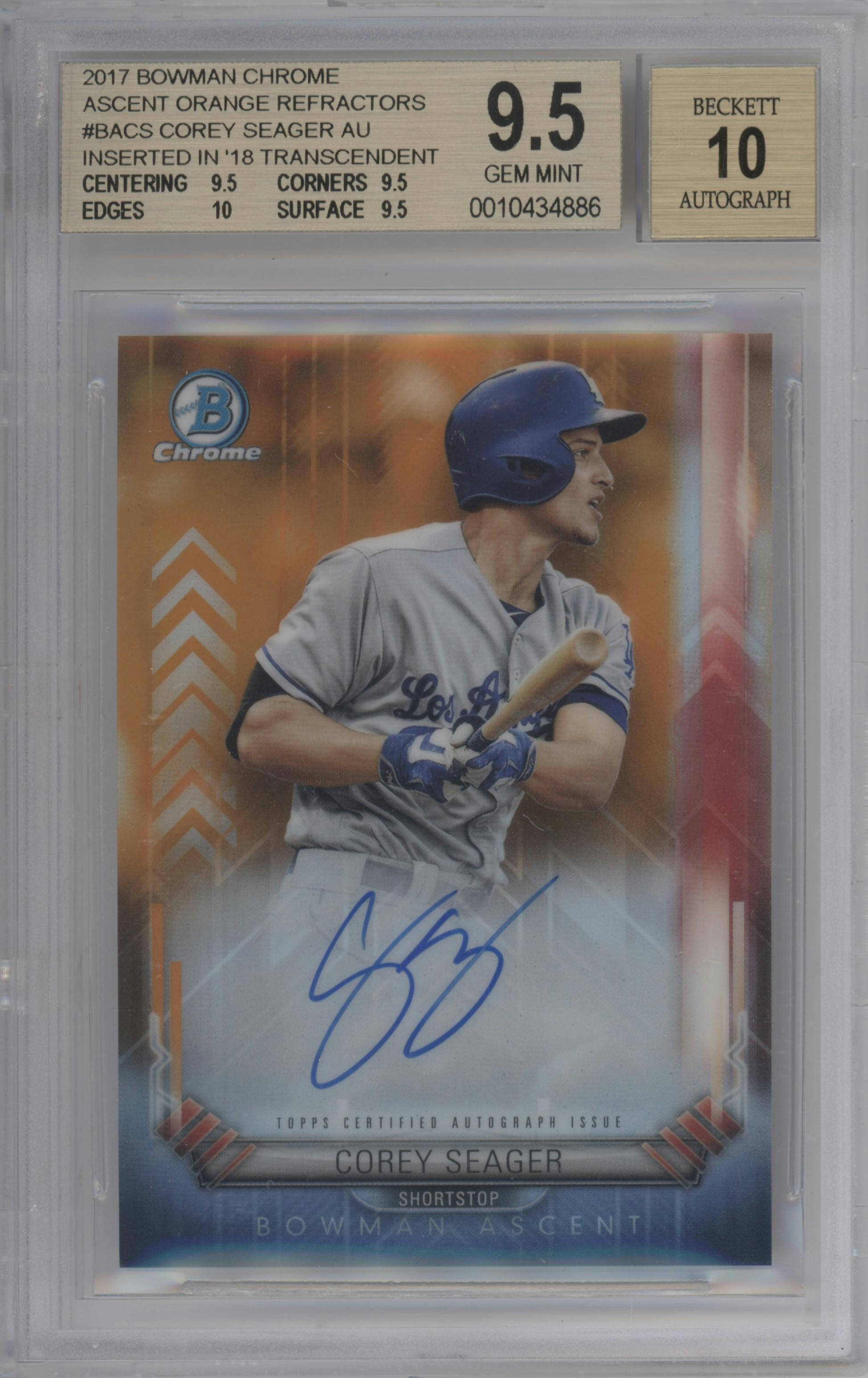 Corey Seager from the 2017 Bowman set featuring a Orange parallel graded by Beckett and given an overall grade of 9.5.