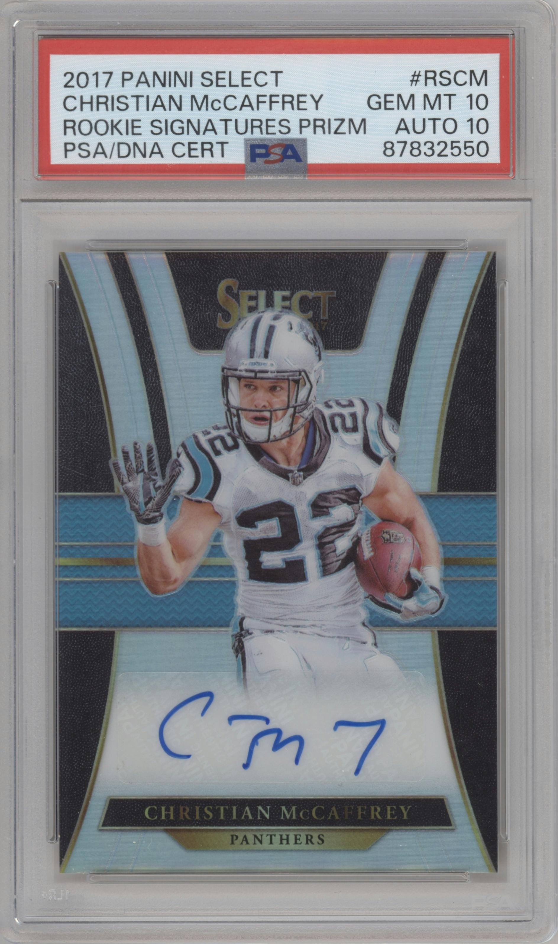 Christian McCaffrey from the 2017 Panini Select set graded by PSA and given an overall grade of 10.