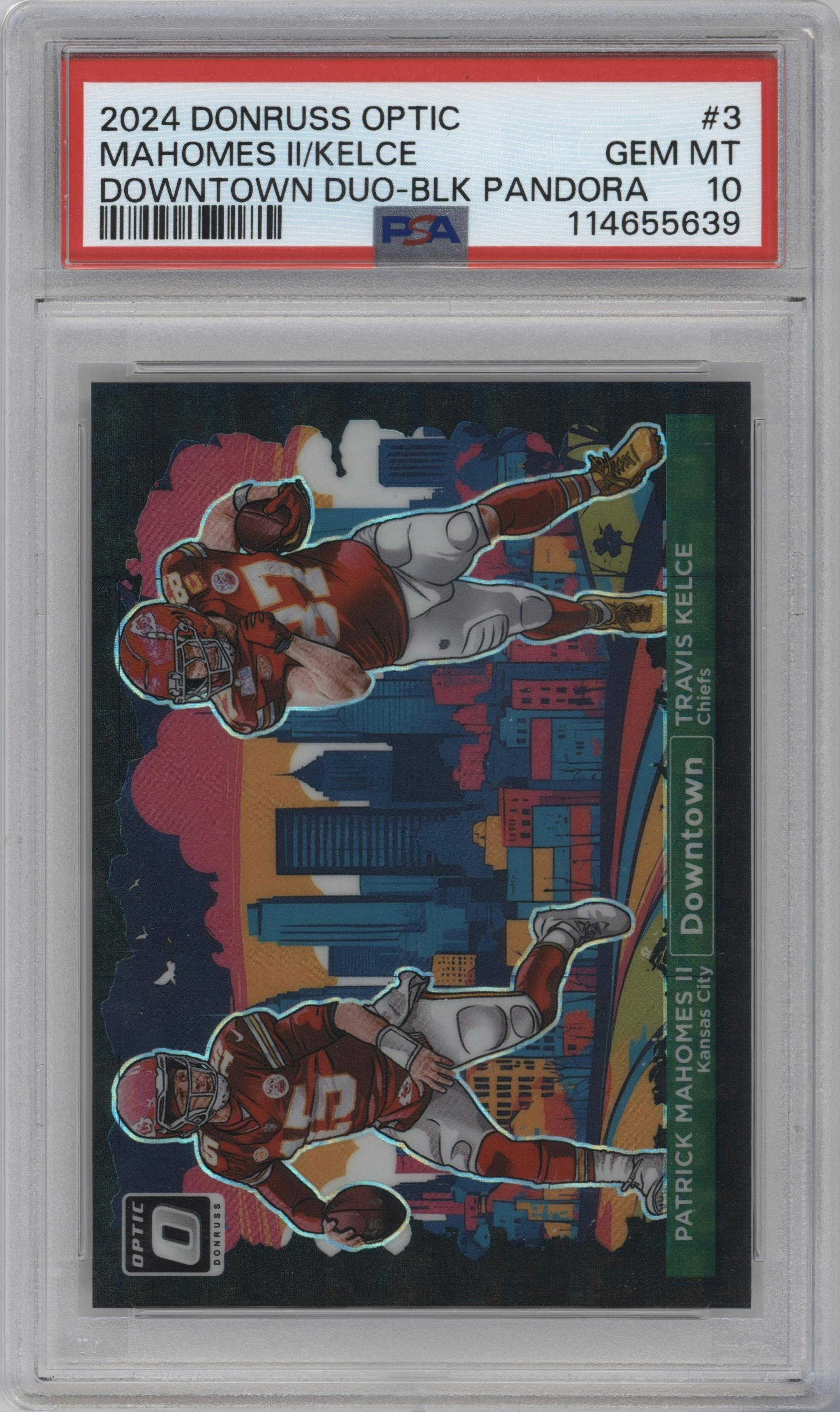 Patrick Mahomes II/Travis Kelce from the 2024 Donruss Optic set featuring a Black Pandora parallel graded by PSA and given an overall grade of 10.