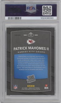 Patrick Mahomes II from the 2017 Panini Donruss Optic set featuring a Lime parallel graded by PSA and given an overall grade of 10.