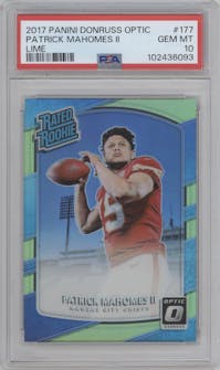 Patrick Mahomes II from the 2017 Panini Donruss Optic set featuring a Lime parallel graded by PSA and given an overall grade of 10.