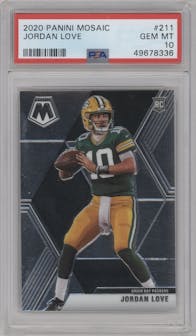 Jordan Love from the 2020 Panini Mosaic set graded by PSA and given an overall grade of 10.