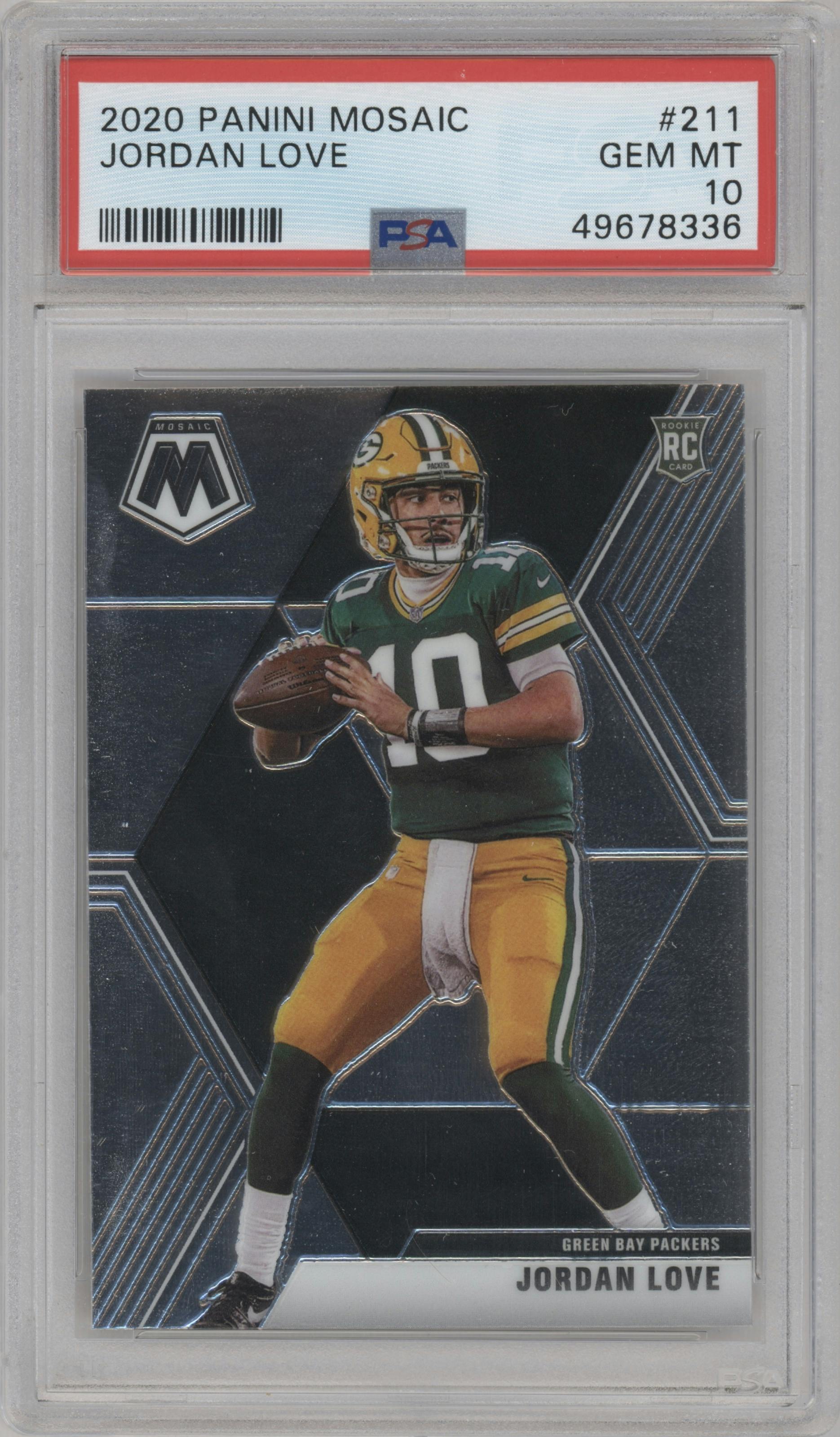 Jordan Love from the 2020 Panini Mosaic set graded by PSA and given an overall grade of 10.